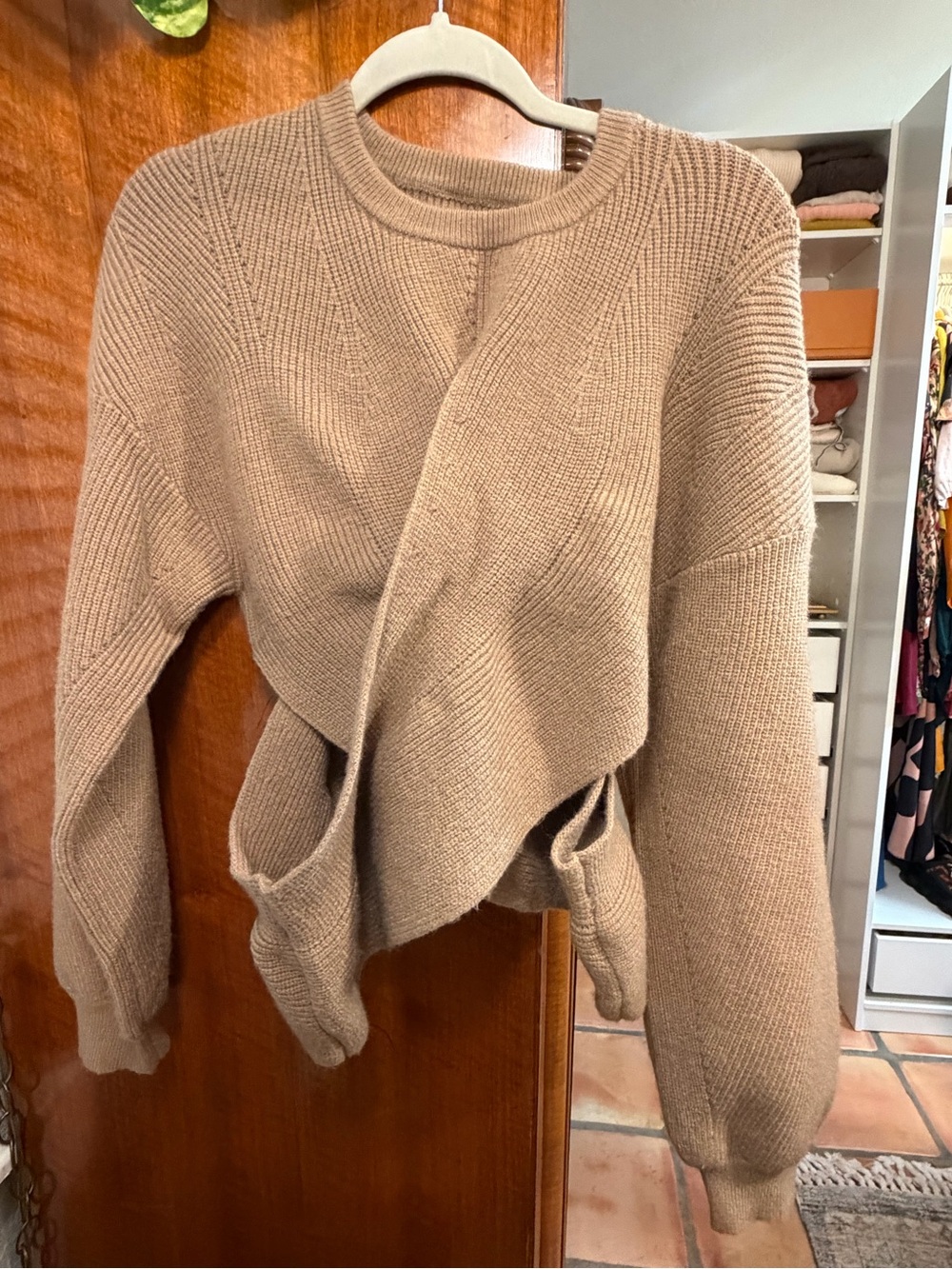 COMMENSE Taupe Draped Cutout Knit Sweater Size XL
